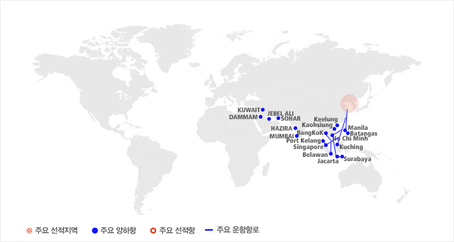 SK해운은 현재 극동아시아 – 동남아  서남아시아 항로 간 연 30 항차 이상 철재 및 각종 화물을 운송하고 있습니다.
                      주요 양하항은 KUWAIT , DAMMAM , JEBEL ALI , SOHAR , HAZIRA , MUMBAI , Keelung , Kaohxiung , BangKoK , Port Kelang , Singapore , Belawan , Jacarta , Manila , Batangas , HO CHI MINH , Kuching , Surabaya 입니다.
                      주요 선적지역은 극동아시아 입니다.