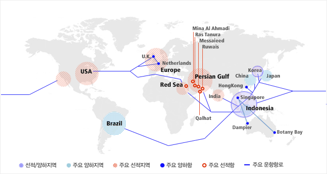 석유제품의 주요 생산지인 중동, 극동, 그리고 싱가폴 등 지역에서 생산된 납사, 가스오일, 항공유등 다양한 석유제품을 실은 석유제품선은, 전세계를 무대로 하여 이를 필요로 하는 미국, 유럽, 브라질, 호주 등으로 운송서비스를 제공합니다.
