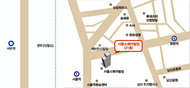 SK해운 본사는 지하철 1,4호선 이용 시 서울역 9번출구 방면에 위치하고 있습니다. 
서울역 지하철 4호선에서 지하 통행로를 따라 약 300m 이동 시 지하로 연결된 서울스퀘어빌딩 21층에 위치하고 있습니다.