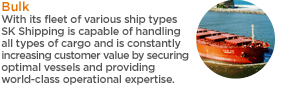 With its fleet of various ship types SK Shipping is capable of handling all types of cargo and is constantly increasing customer value by securing optimal vessels and providing world-class operational expertise. 